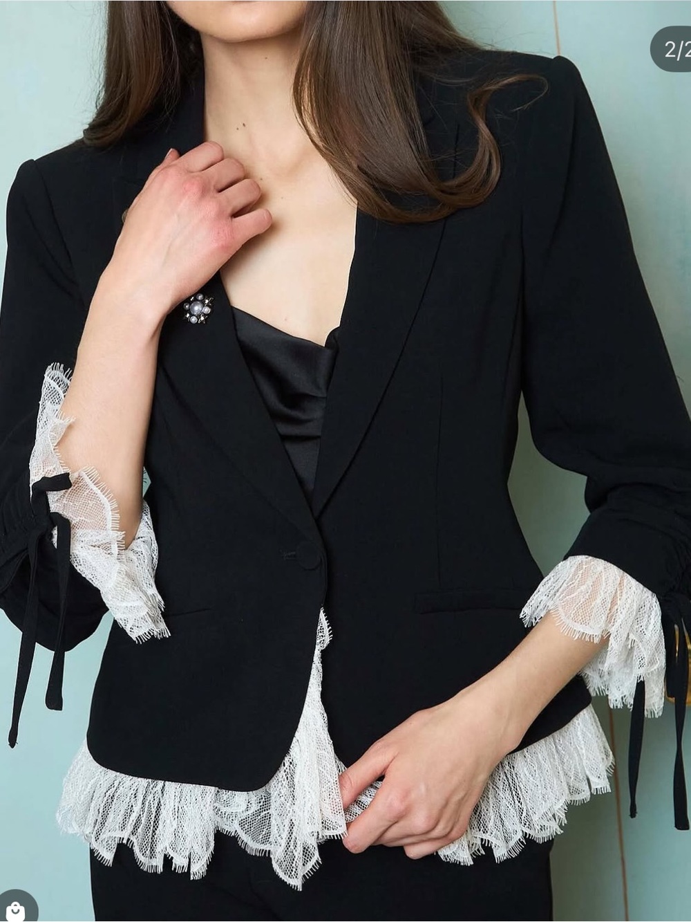 Black Blouse with White Lace Trim